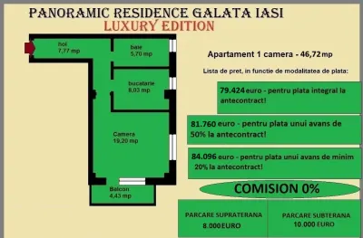 Apartament 1 camera de vanzare in Iasi, Galata, 46.72 mp, baie cu geam, etaj intermediar, vedere mutare rapida - foto 2