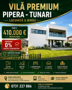 Vanzare – Casa -  Vila -  Premium  Pipera - Tunari -  Locuinta si Birou - HOME OFFICE - 380 mp teren   – 410000E -  COMISION 0% - Bucuresti