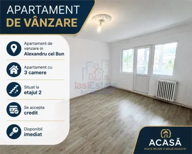 Apartament de vanzare cu 3 camere, la etajul 2 in Alexandru cel Bun - Iasi